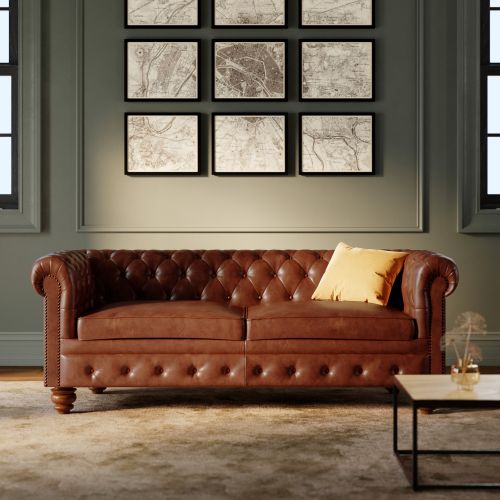 canape 2 places chesterfield cuir marron