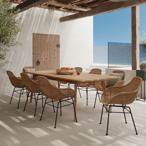 carmela ensemble chaise et table 8 personnes en bois resine tressee