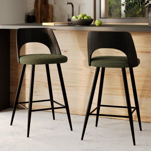 chaise de bar 66 cm ilot central tissu boucle vert dossier noir