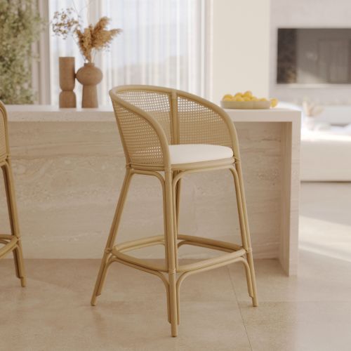 chaise de bar melana tissu creme et rotin 72 cm