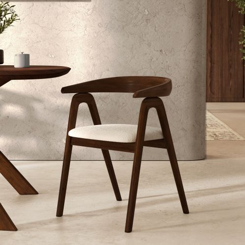 chaise hawa en bois d hevea fonce tissu boucle beige clair