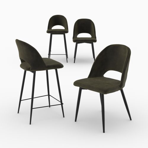 chaises tabourets penelope velours vert pack 4 pieces