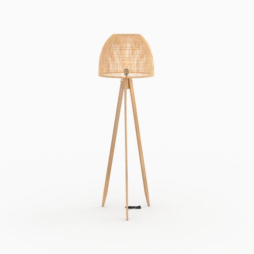 lampadaire en bois de teck et rotin trepied corte