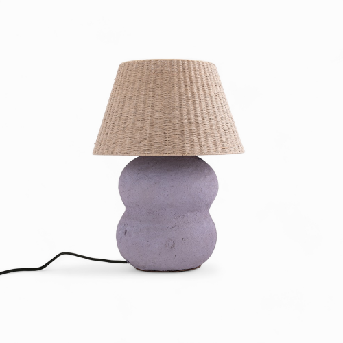 lampe nina en papier mache mauve et abat jour en jute