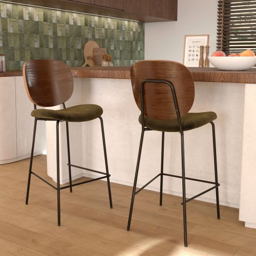 lot de 2 chaises de bar en velours kaki et bois fonce simone