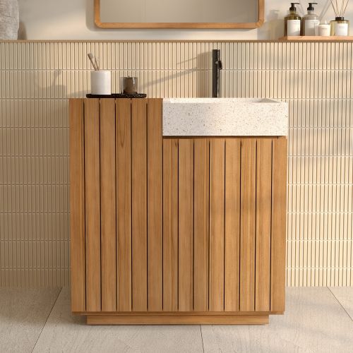meuble de salle de bain vasque terrazzo et bois