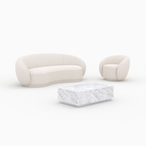 pack fauteuil canape tissu bouclette blanche table basse marbre 4 personnes