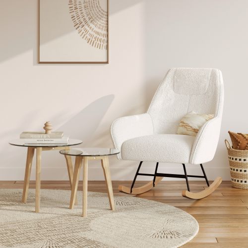 pack rocking chair shaun en tissu boucle blanc et tables transparentes