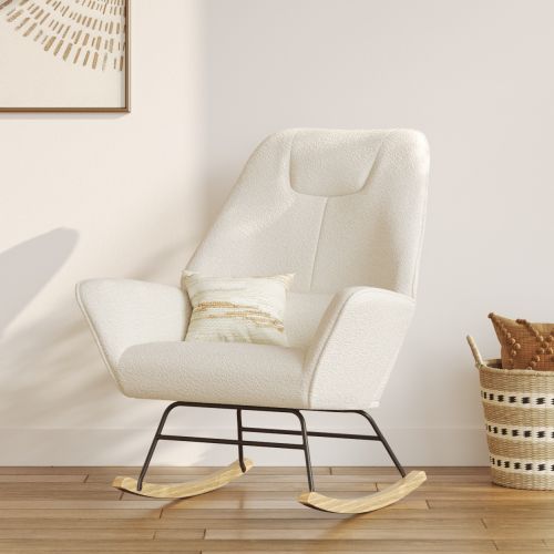 rocking chair en tissu boucle blanc shaun pieds bois et metal