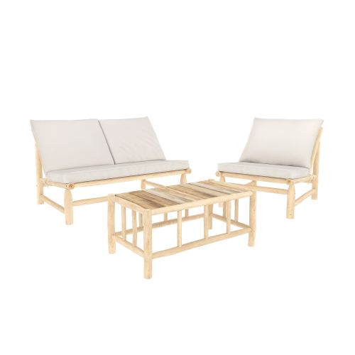 salon de jardin ily 3 personnes en bois de teck tissu blanc