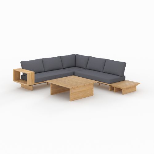 salon de jardin seya en bois et tissu gris fonce table basse et canape d angle exterieur