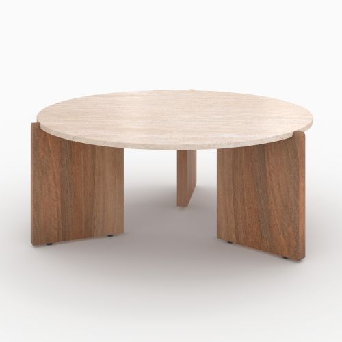 table basse sierra travertin ronde pieds en bois 