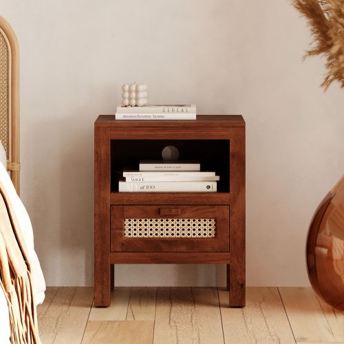 table de chevet marron foncee tiki et cannage