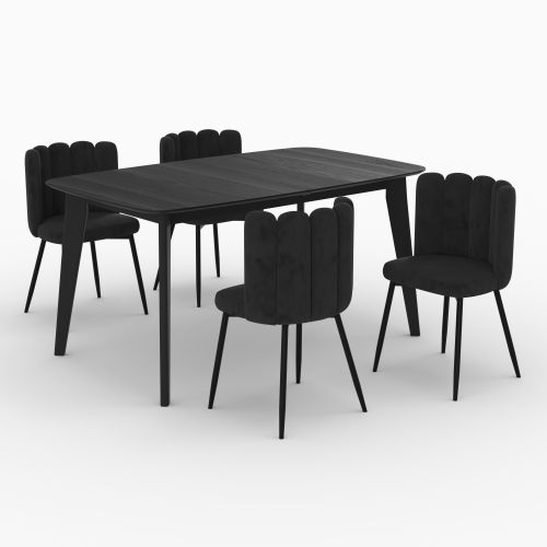 table et chaises oman en velours et bois noir 4 personnes