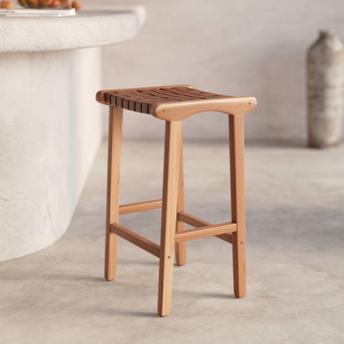 tabouret de bar 68 cm bois et cuir tresse marron kuna