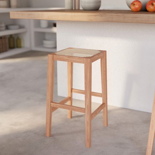 tabouret de bar en bois de chene massif et cannage 65 cm kappa