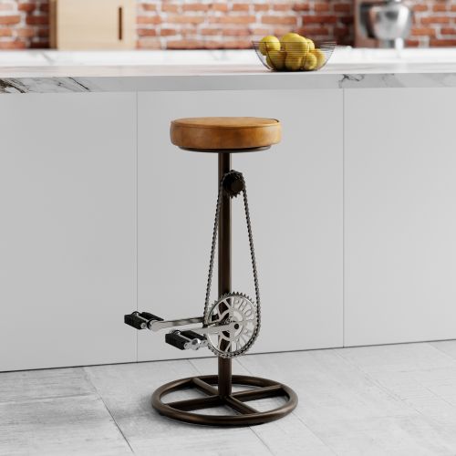 tabouret de bar rond en cuir marron et pied en metal noir