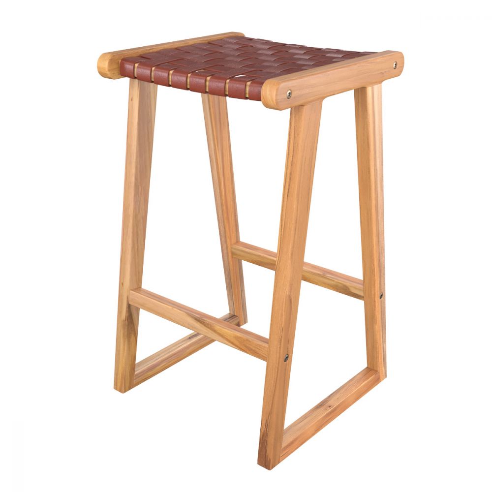 achat tabouret de bar yama en teck et cuir tresse marron - miniatura