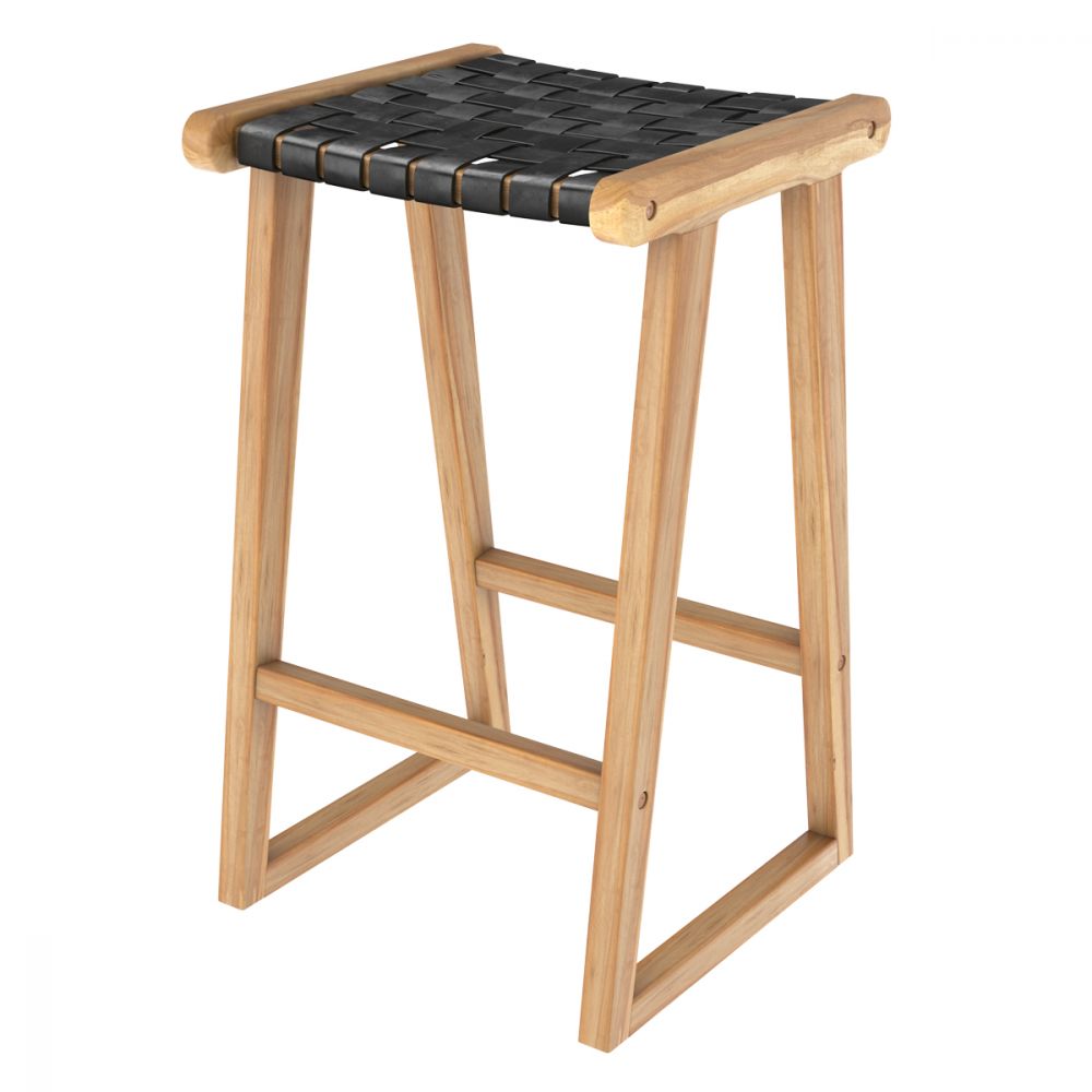 achat tabouret de bar yuma en teck et cuir tresse noir_1 - miniatura