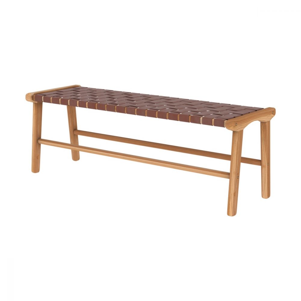 banc kuna en cuir tresse 120 cm marron et bois de teck 2 places - miniature