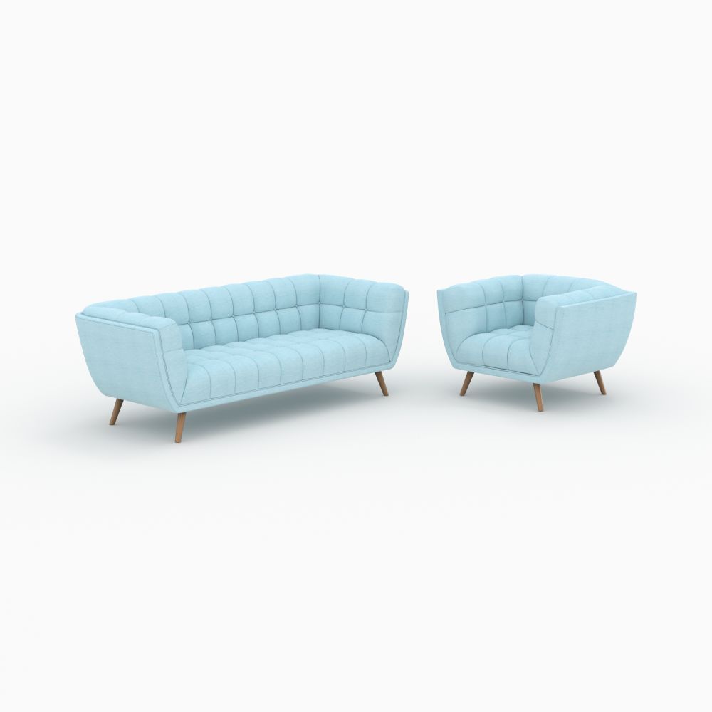 ensemble canape et fautueil carmen en tissu bleu clair pieds bois 4 places - miniature