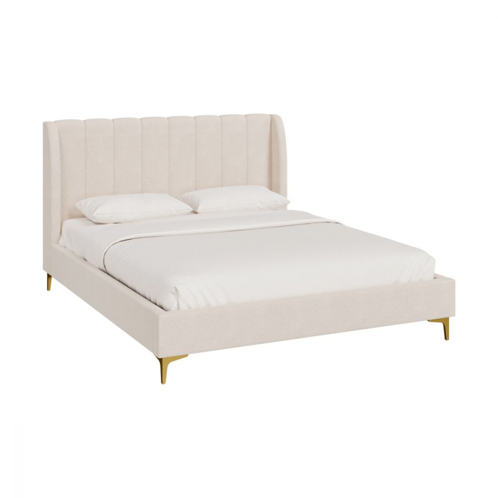 lit double en tissu beige et pieds dore koda - miniatura