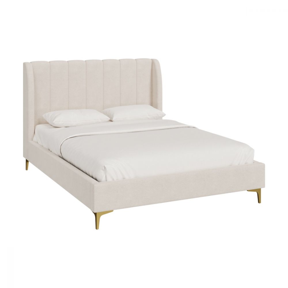 lit double koda 140x190 cm en tissu beige avec pieds dore - miniatura