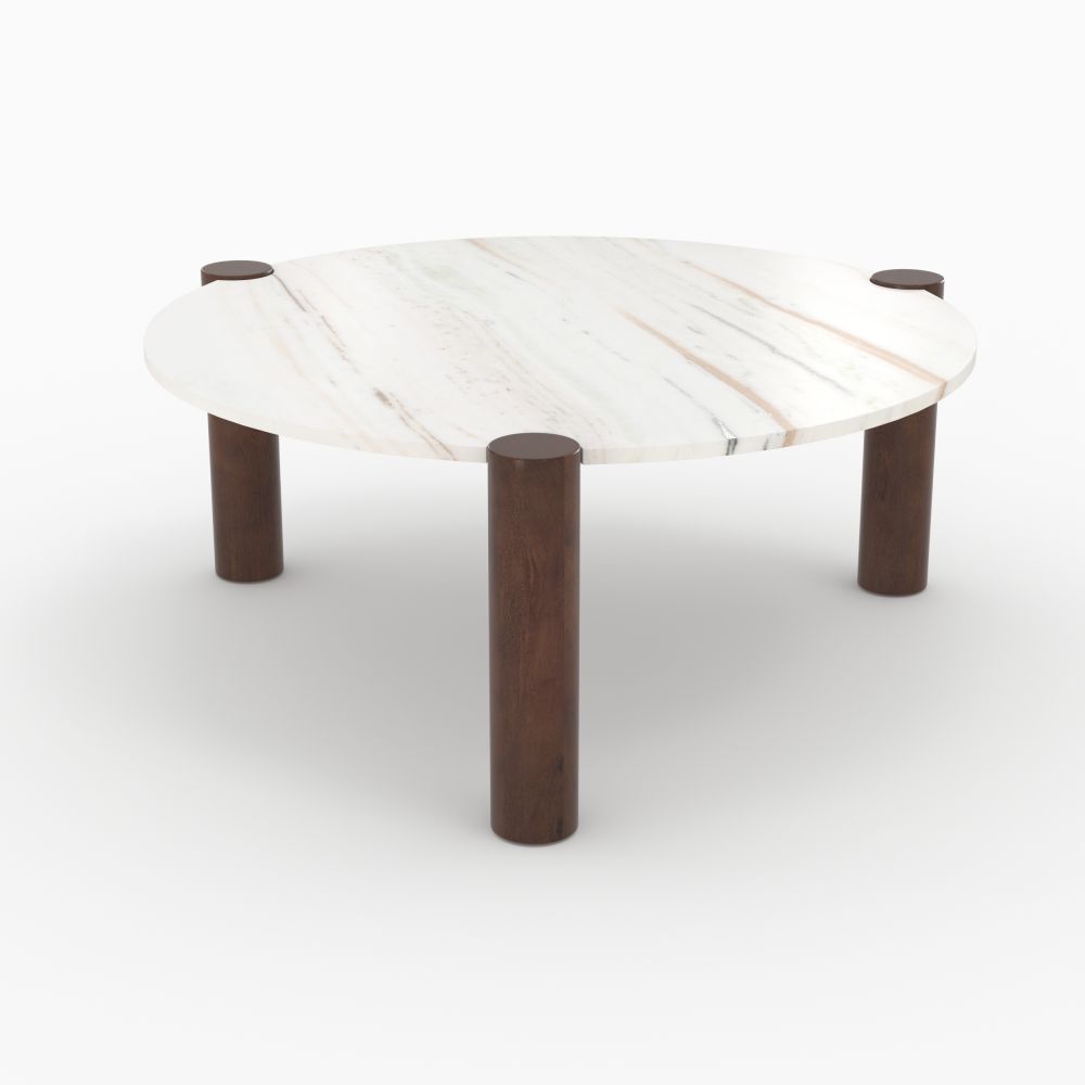 table basse ronde pauline en marbre et bois de manguier diametre 86 cm - miniature