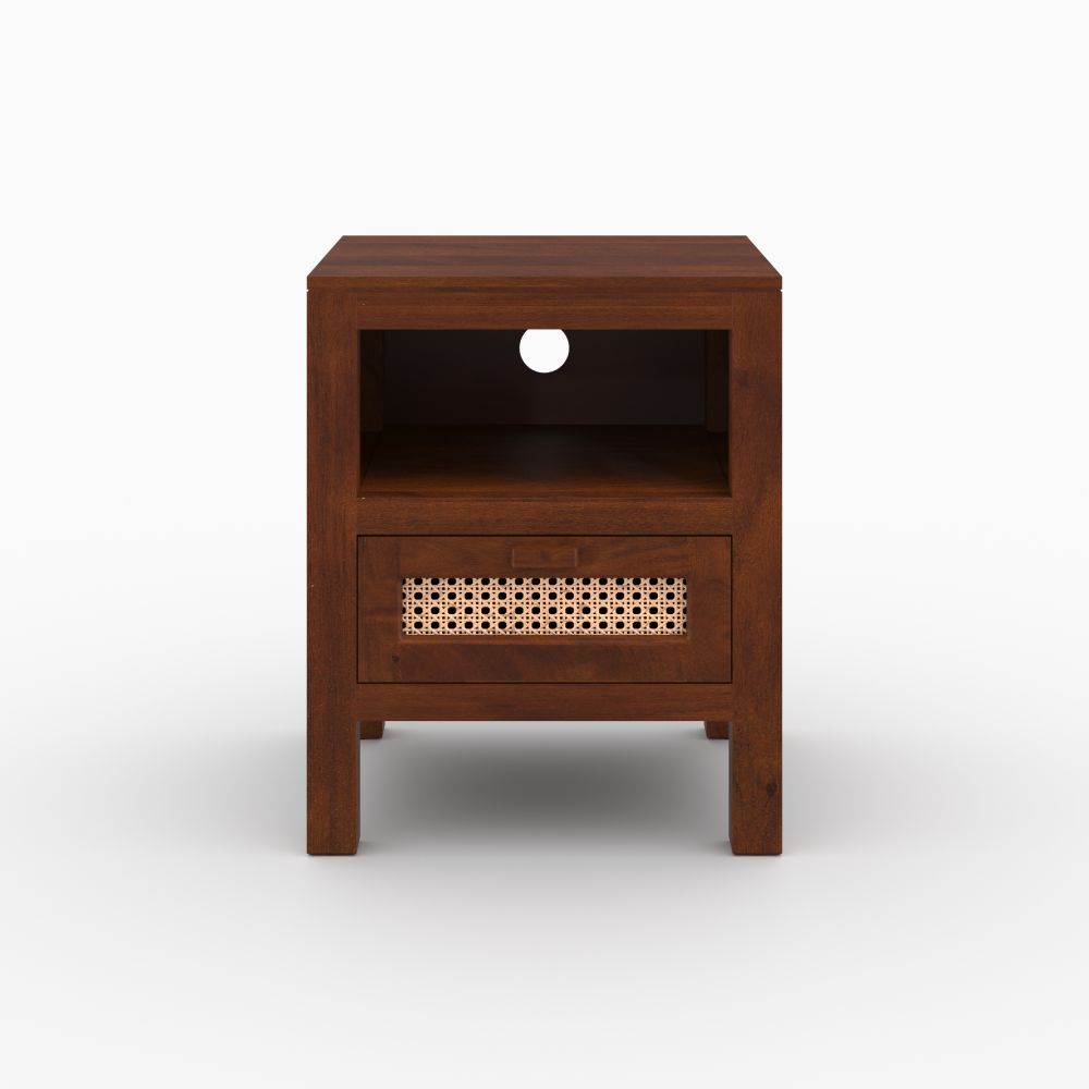 table_chevet_tiki_bois_manguier_style_vintage_cannage_fonce - miniature