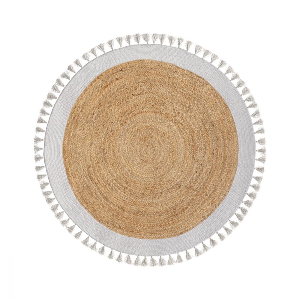 tapis rond anais en jute naturel avec bordure et frange blanche - miniatura