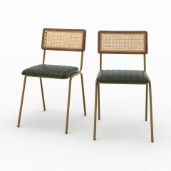 Chaise Arsène en cuir vert et cannage (lot de 2)