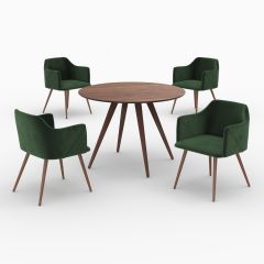 Table et chaises Liwa 4 personnes en velours vert et bois